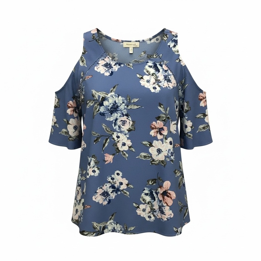 Monteau Los Angeles Blue Floral Cold Shoulder Flutter Sleeve Blouse Top Large - Picture 2 of 8